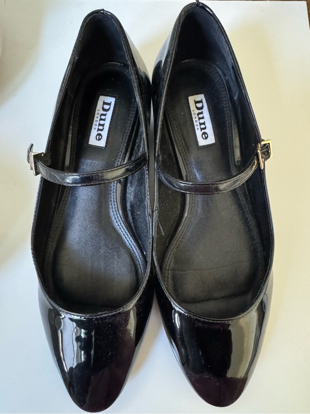 Dune London Black Patent Mary Jane Flats with Gold Buckle